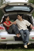 Young couple sitting in car boot - Asia Images Group