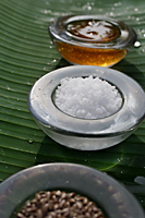 Ingredients for natural body scrubs and body treatments (seeds, sea salt, papaya) - Nugene Chiang