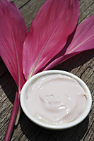 Natural yogurt facial and red tropical leaves - Alex Mares-Manton