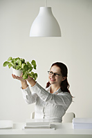 Woman at desk admiring plant - Alex Mares-Manton