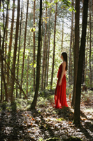 Woman in red dress standing in forest - Alex Mares-Manton