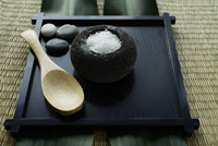 Square wooden platter with salt scrub for spa - Nugene Chiang