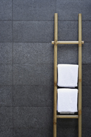Ladder of towels leaning against slate wall - Alex Mares-Manton