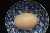 Brown egg in blue patterned bowl - Ellery Chua