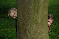 Kids looking out from behind tree trunk - Nugene Chiang