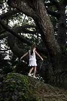 young girl walking under giant tree - Nugene Chiang