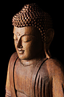 Closeup of carved wooden Buddha statue. - Nugene Chiang