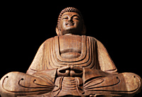 Closeup of sitting wooden Buddha statue. - Nugene Chiang