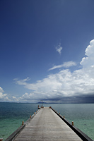 wooden pier stretching out into ocean, clouds and blue sky in background - Alex Mares-Manton