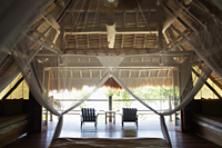 interior of thatched and wood house with mosquito netting - Alex Mares-Manton
